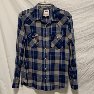 VGUC Levi's Blue & Yellow Plaid LS Light Weight Flannel Snap Down Shirt Medium
